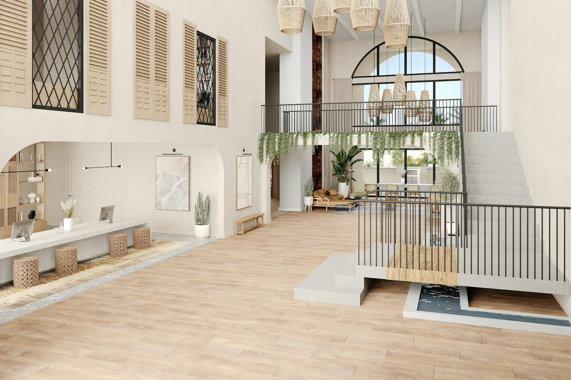 A bright and modern interior with a high ceiling.